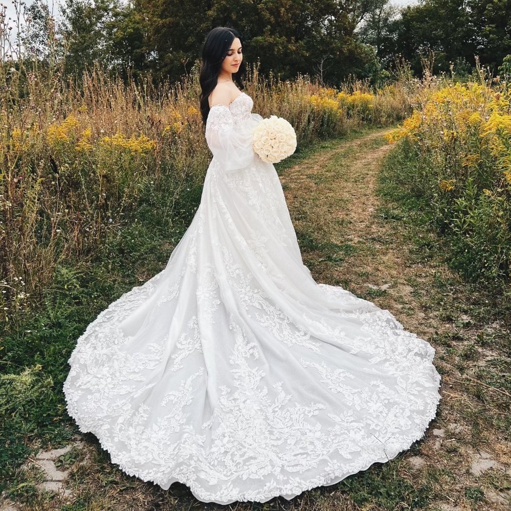 Jasmine Couture Wedding Gown - Embroidered Lace Ball Gown with Portrait Neckline